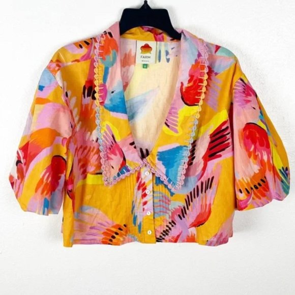 FARM RIO Macaws Bird Print Puff Sleeves Embroidered Multicolored Trim Crop Top - Picture 1 of 8